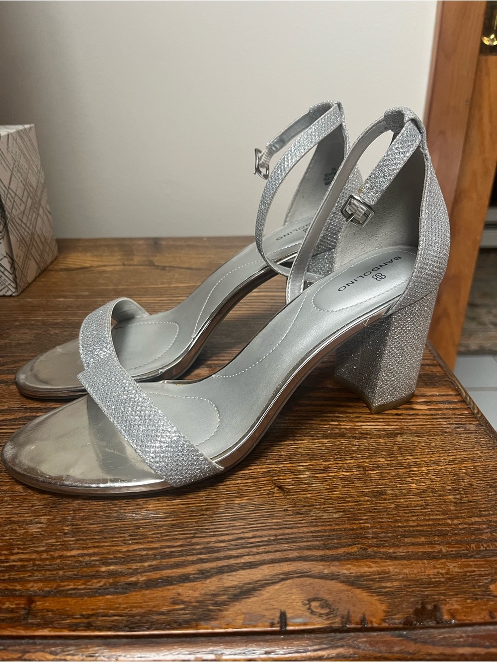 Bandolino Silver Glitter Ankle-Strap Block Heels